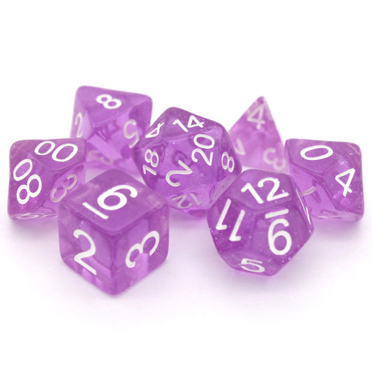 Lilactivity is a 7-piece, 13mm polymer set of transparent purple resin dice, shimmering with silvery glitter and inked in bright white. It belongs to our tiny but mighty Wee Lads collection. Standard d20 pictured for scale.