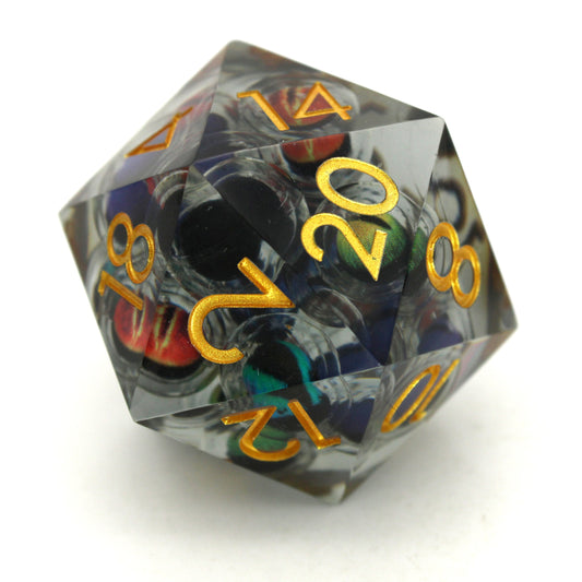 Little Nightmare is a 34mm transparent liquid core d20 with shifting eyeball inclusions.