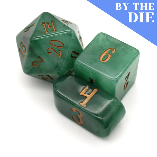 Loin Stone (by the die) individual dice are a pearlized, jade-green resin, featuring gold inking and a questionable ability to cure ailments of the loin and kidneys.