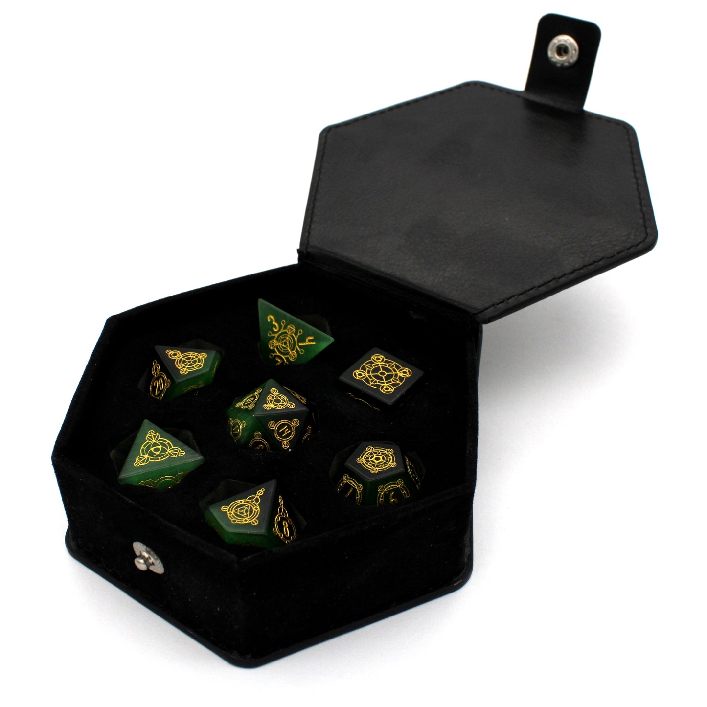 Luckstone is a 7-piece set cut from green lab-made chatoyant stone, engraved with Dice Envy's exclusive Sigil design and inked in gold.