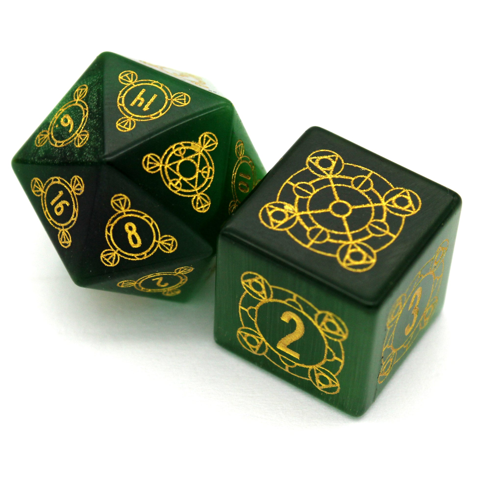 Luckstone is a 7-piece set cut from green lab-made chatoyant stone, engraved with Dice Envy's exclusive Sigil design and inked in gold.