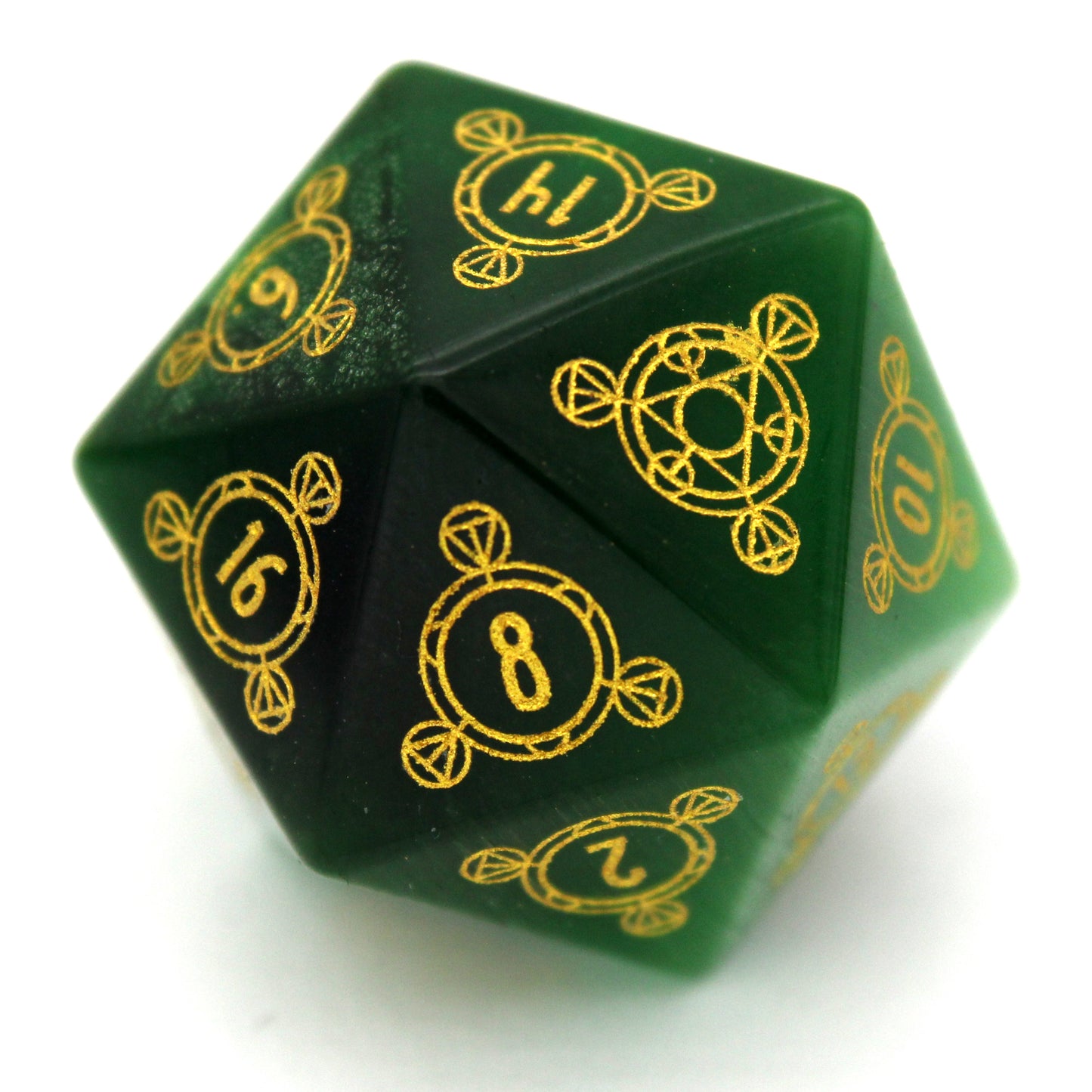 Luckstone is a 7-piece set cut from green lab-made chatoyant stone, engraved with Dice Envy's exclusive Sigil design and inked in gold.