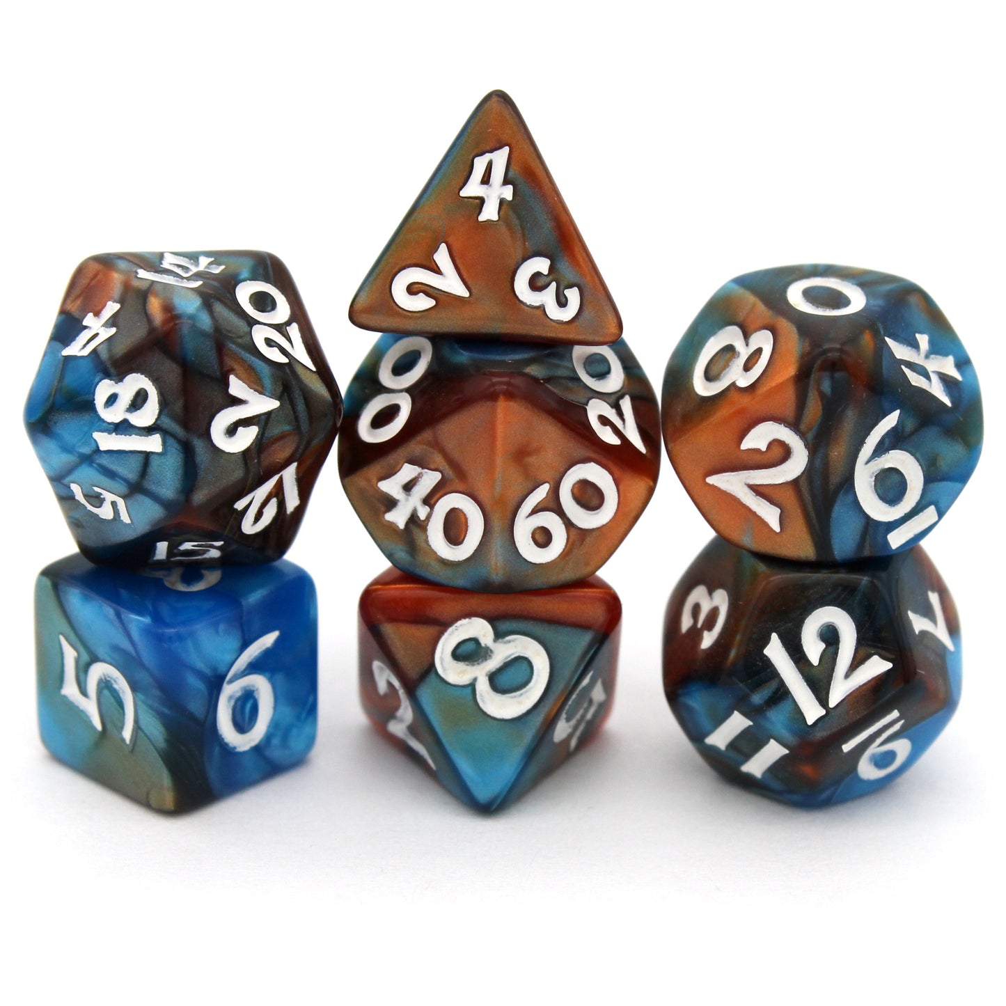 Magewrights is a 7-piece, 13mm polymer set of swirled blue and orange acrylic dice, inked in white. It belongs to our tiny but mighty Wee Lads collection. Standard d20 pictured for scale.