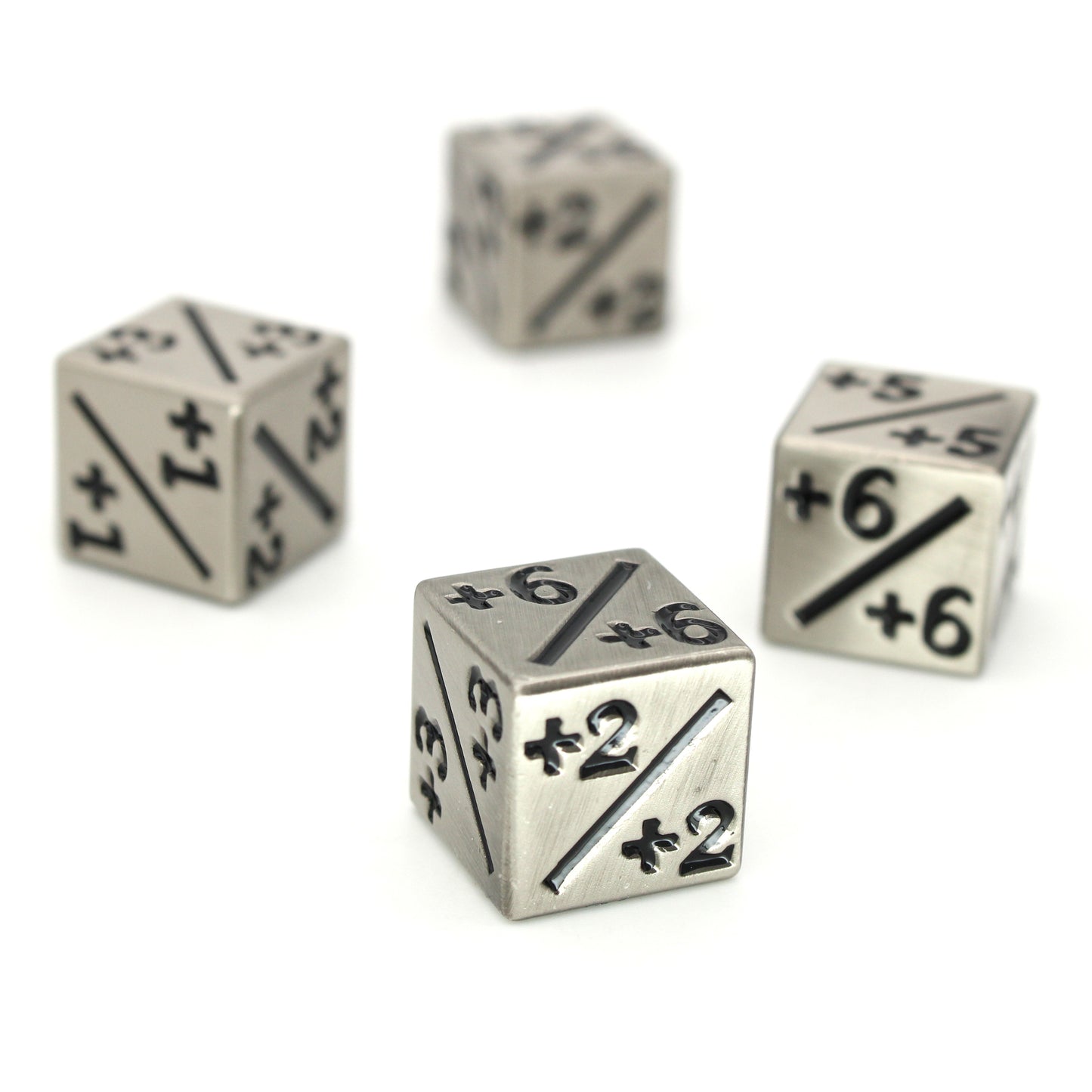 Magic Counters are individual shiny, silver six-sided +1/+1 through +6/+6 dice for use with Magic the Gathering.