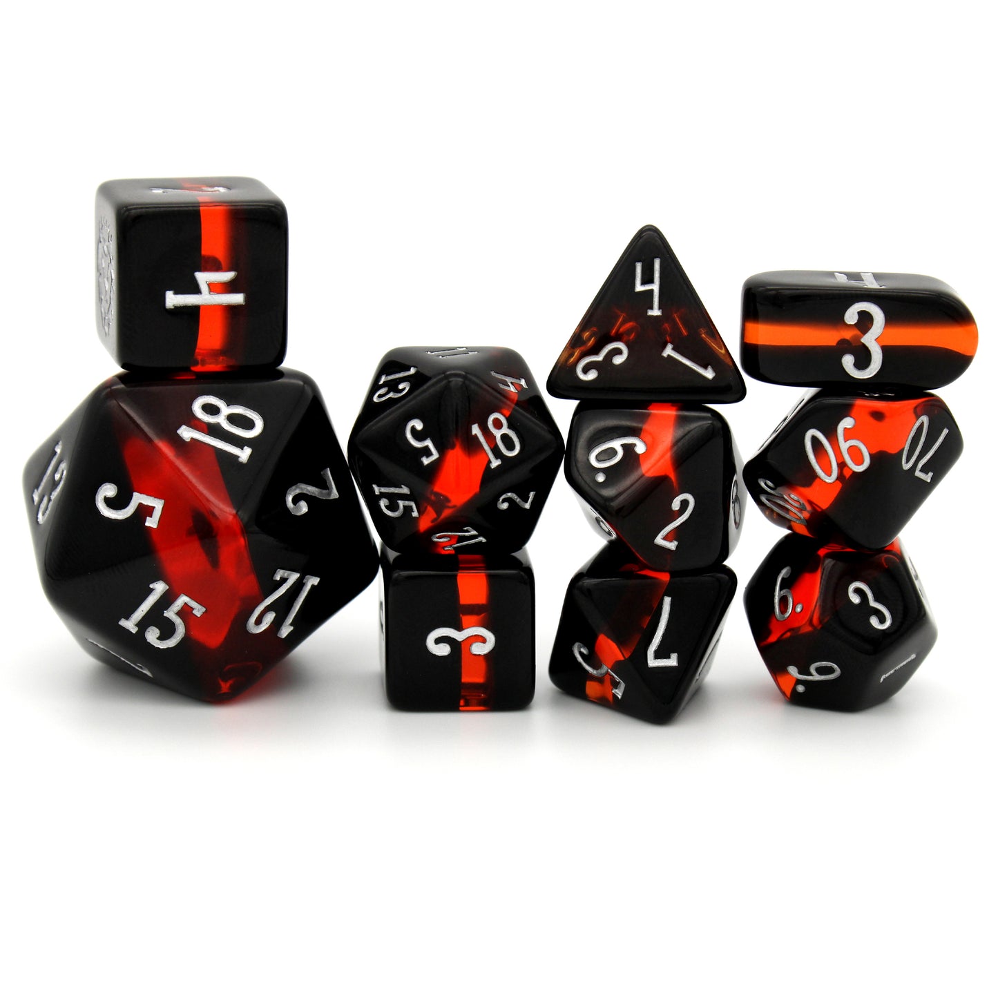 Magma Pool is a 10-piece set of layered resin dice in opaque black and translucent red, inked in silver.