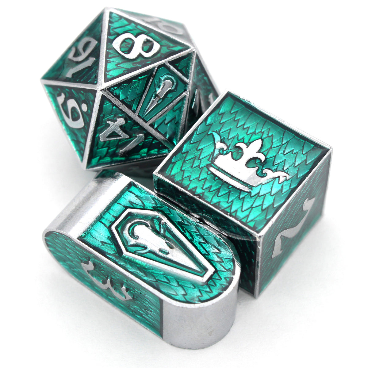 Maleficent is an 8-piece Dice Envy Original set of silver metal dice in our Raven Queen mold, cloaked in evil green enamel.