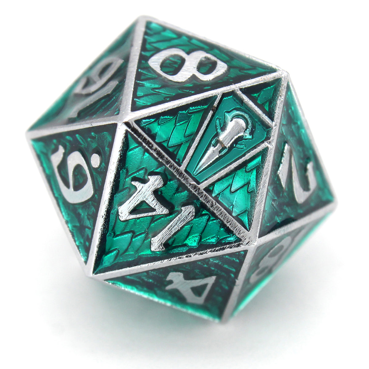 Maleficent is an 8-piece Dice Envy Original set of silver metal dice in our Raven Queen mold, cloaked in evil green enamel.