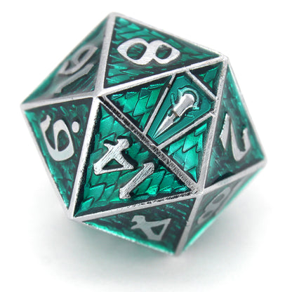 Maleficent is an 8-piece Dice Envy Original set of silver metal dice in our Raven Queen mold, cloaked in evil green enamel.
