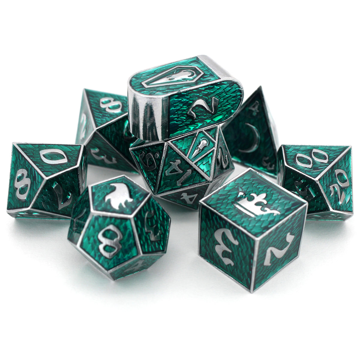 Maleficent is an 8-piece Dice Envy Original set of silver metal dice in our Raven Queen mold, cloaked in evil green enamel.