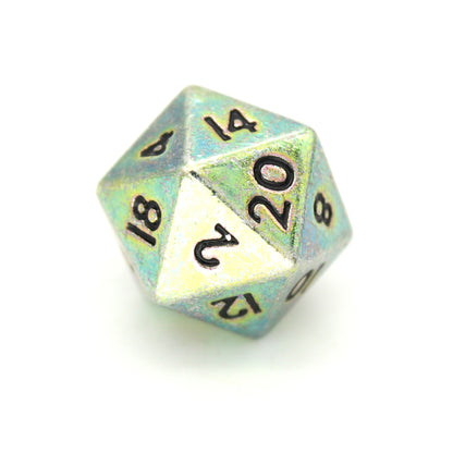 Meddling Kids is a 7-piece set of shiny silver-green colored 10mm metal dice.