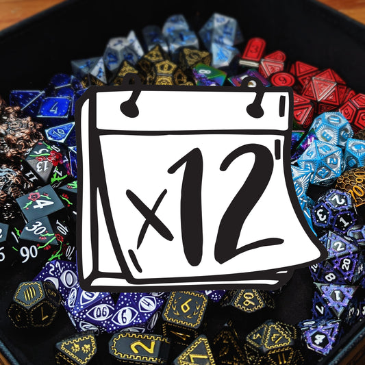 Each month you will receive a different metal 8-piece set of dice: a pyramid d4, a d6, a d8, a d10, a percentile d10, a d12, and a d20 PLUS either an Infinity d4 or alternate d20. We select one unique set per month for subscriptions, so multiple quantities of this subscription will result in duplicate sets!