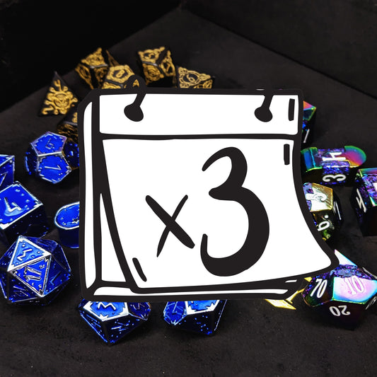 Each month you will receive a different metal 8-piece set of dice: a pyramid d4, a d6, a d8, a d10, a percentile d10, a d12, and a d20 PLUS either an Infinity d4 or alternate d20. We select one unique set per month for subscriptions, so multiple quantities of this subscription will result in duplicate sets!
