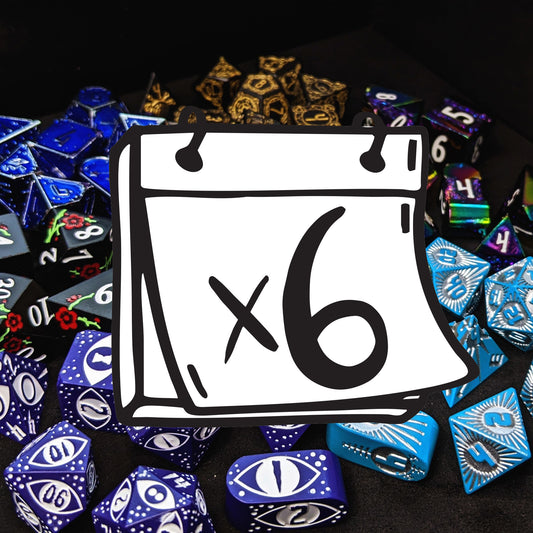 Each month you will receive a different metal 8-piece set of dice: a pyramid d4, a d6, a d8, a d10, a percentile d10, a d12, and a d20 PLUS either an Infinity d4 or alternate d20. We select one unique set per month for subscriptions, so multiple quantities of this subscription will result in duplicate sets!