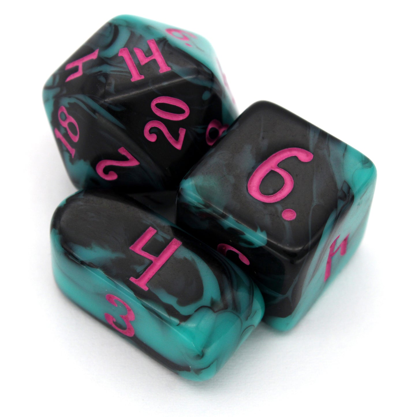 Miami Dice is an opaque 10-piece teal and black dice set with pink numbers that scream 80’s like nothing we’ve ever made before.