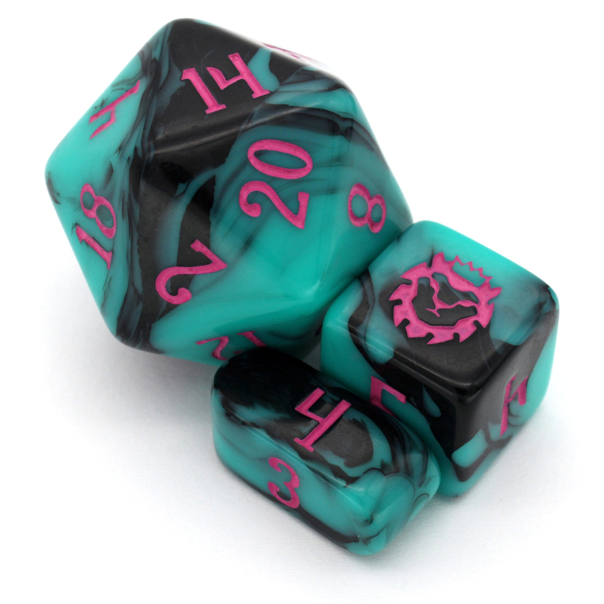 Miami Dice is an opaque 10-piece teal and black dice set with pink numbers that scream 80’s like nothing we’ve ever made before.