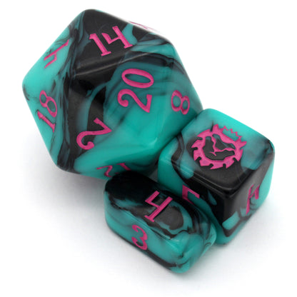Miami Dice is an opaque 10-piece teal and black dice set with pink numbers that scream 80’s like nothing we’ve ever made before.