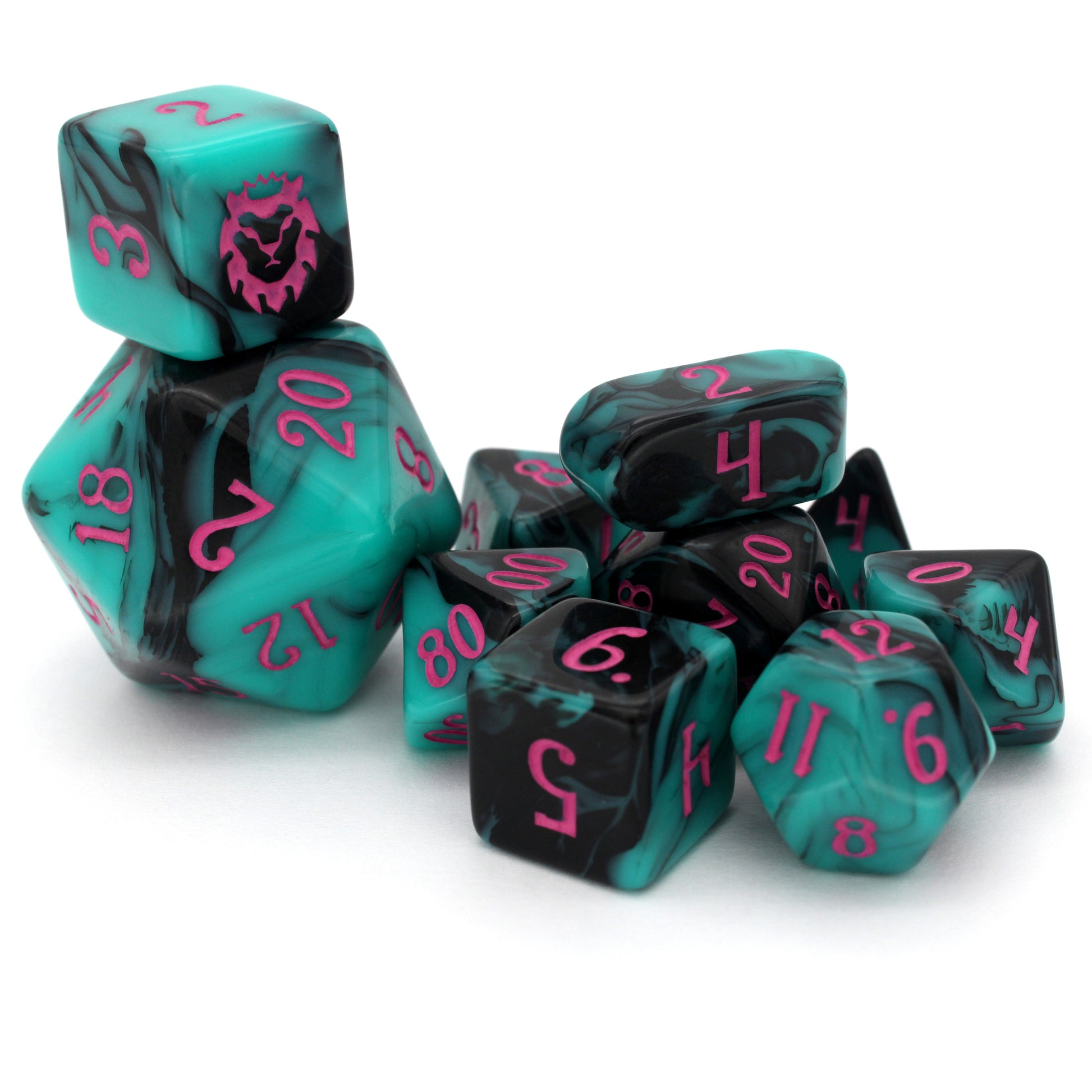 Miami Dice is an opaque 10-piece teal and black dice set with pink numbers that scream 80’s like nothing we’ve ever made before.