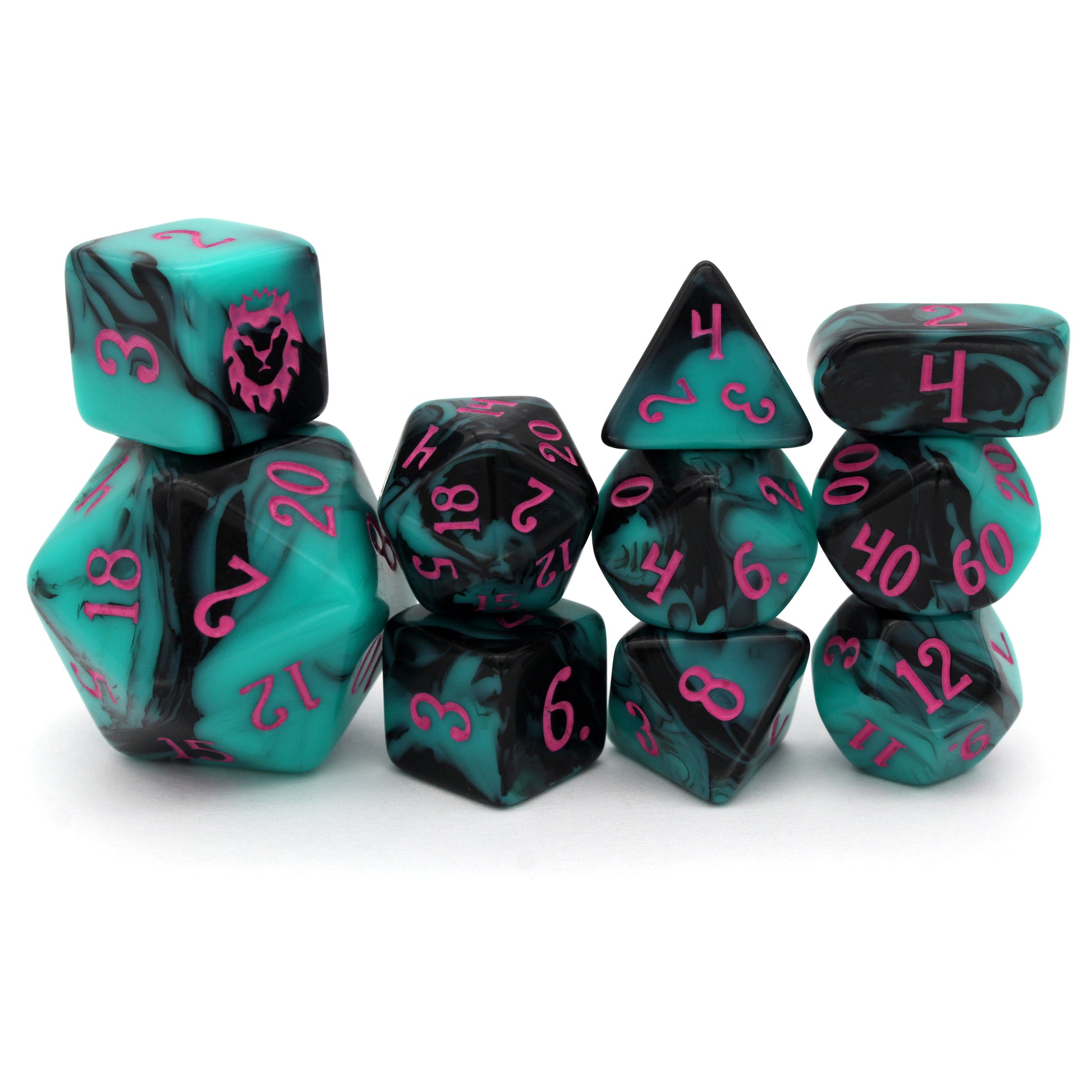 Miami Dice is an opaque 10-piece teal and black dice set with pink numbers that scream 80’s like nothing we’ve ever made before.