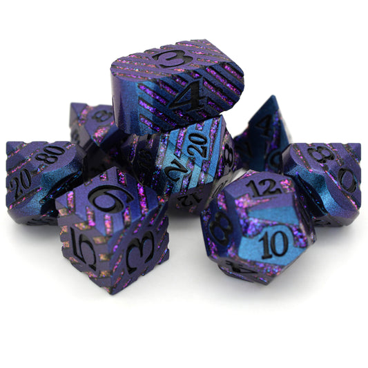 Midnight Mischief is an 8-piece dark blue metal set banded in a wraparound enamel fill of brilliant purple.