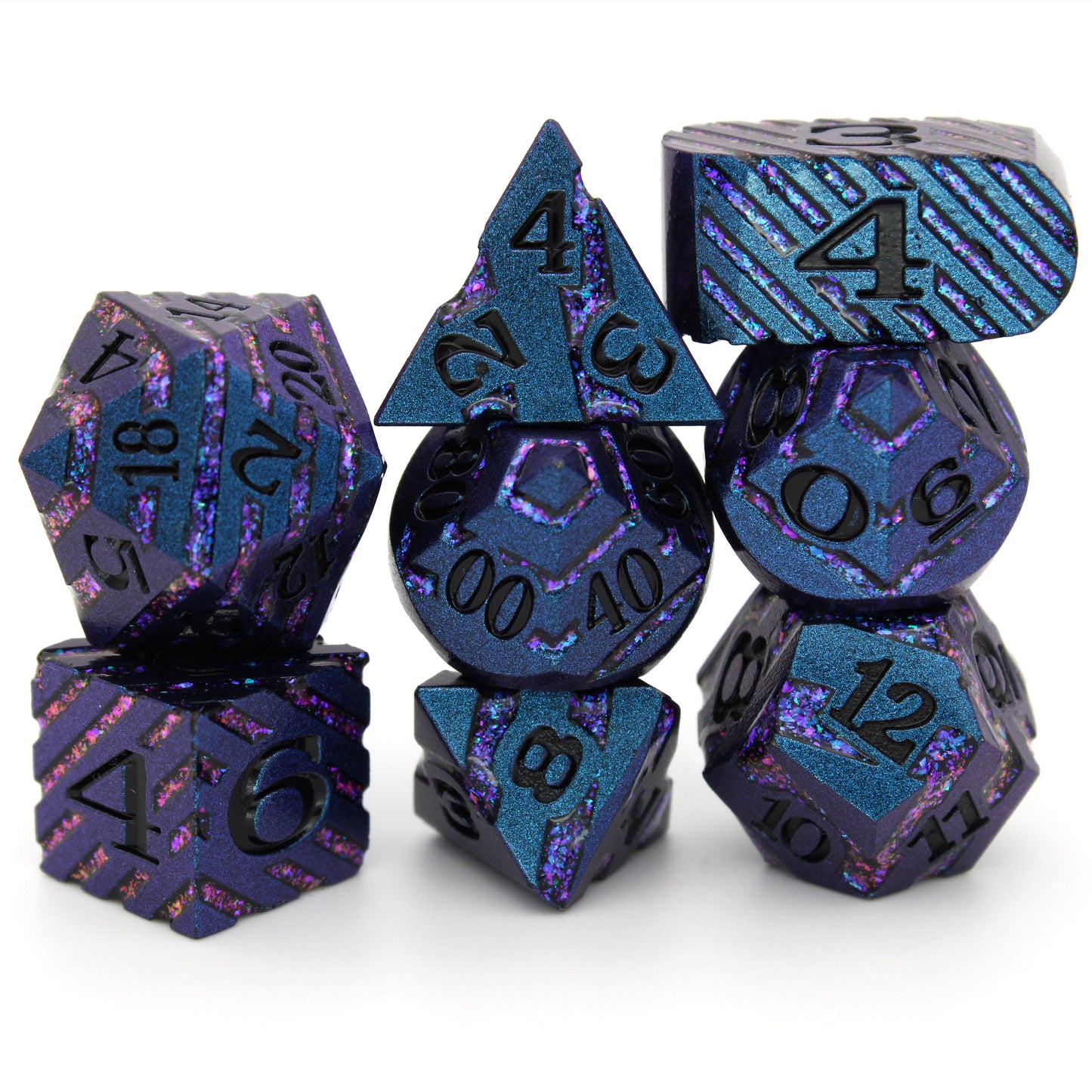 Midnight Mischief is an 8-piece dark blue metal set banded in a wraparound enamel fill of brilliant purple.