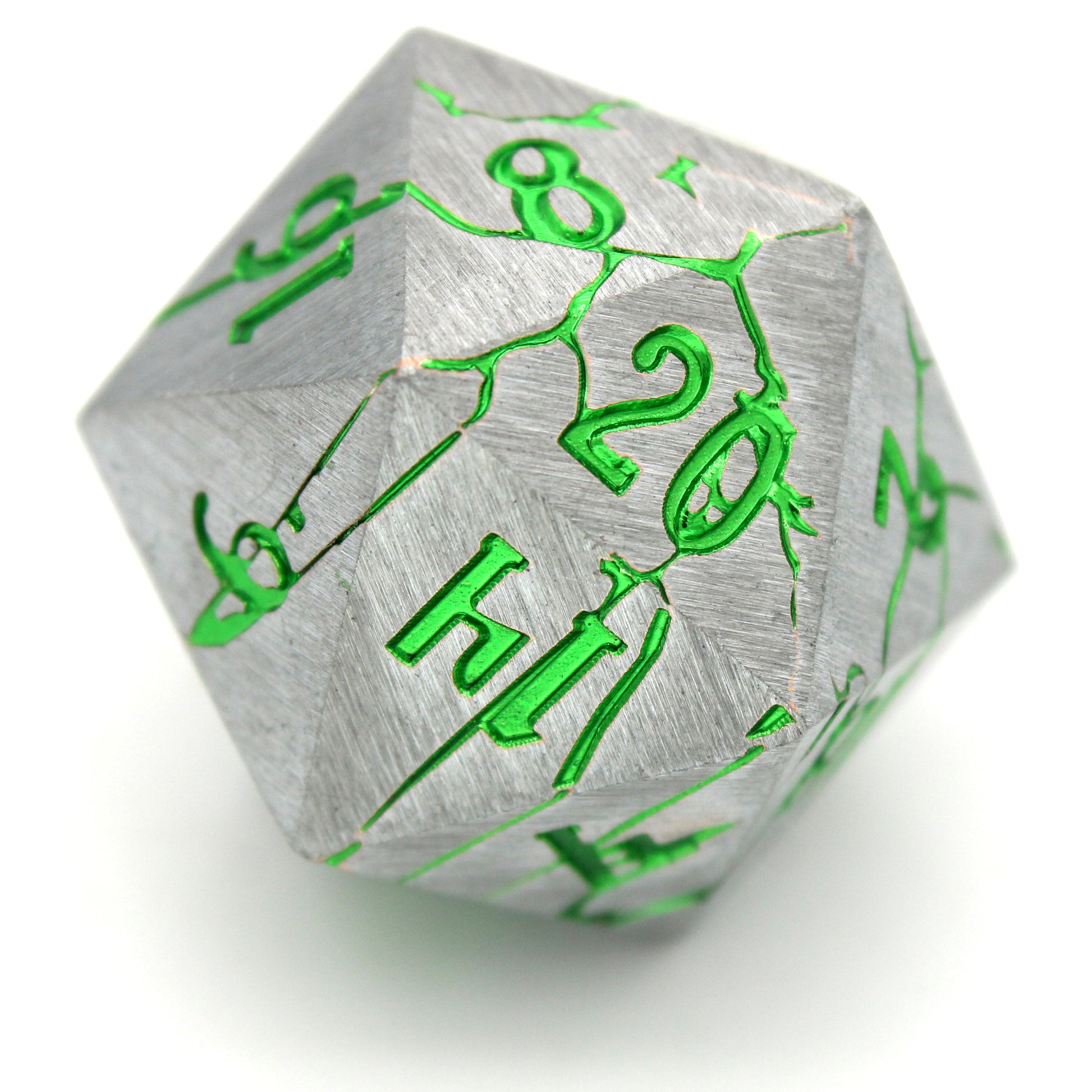 Minauros Mire is a 7-piece set of silver dice, streaked through with cracks and numbers of metallic green.
