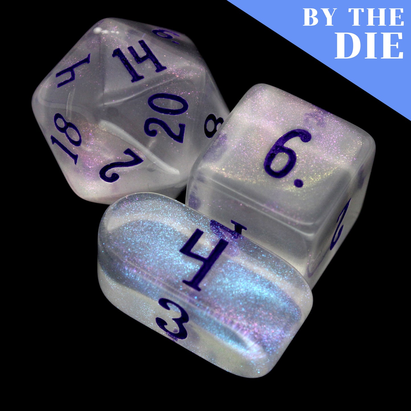 Moonlight (by the die) are individual clear acrylic dice, filled with purple-blue colorshifting microglitter and inked in dark purple