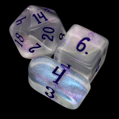 Moonlight is a 10-piece set of clear acrylic dice, filled with purple-blue colorshifting microglitter and inked in dark purple.