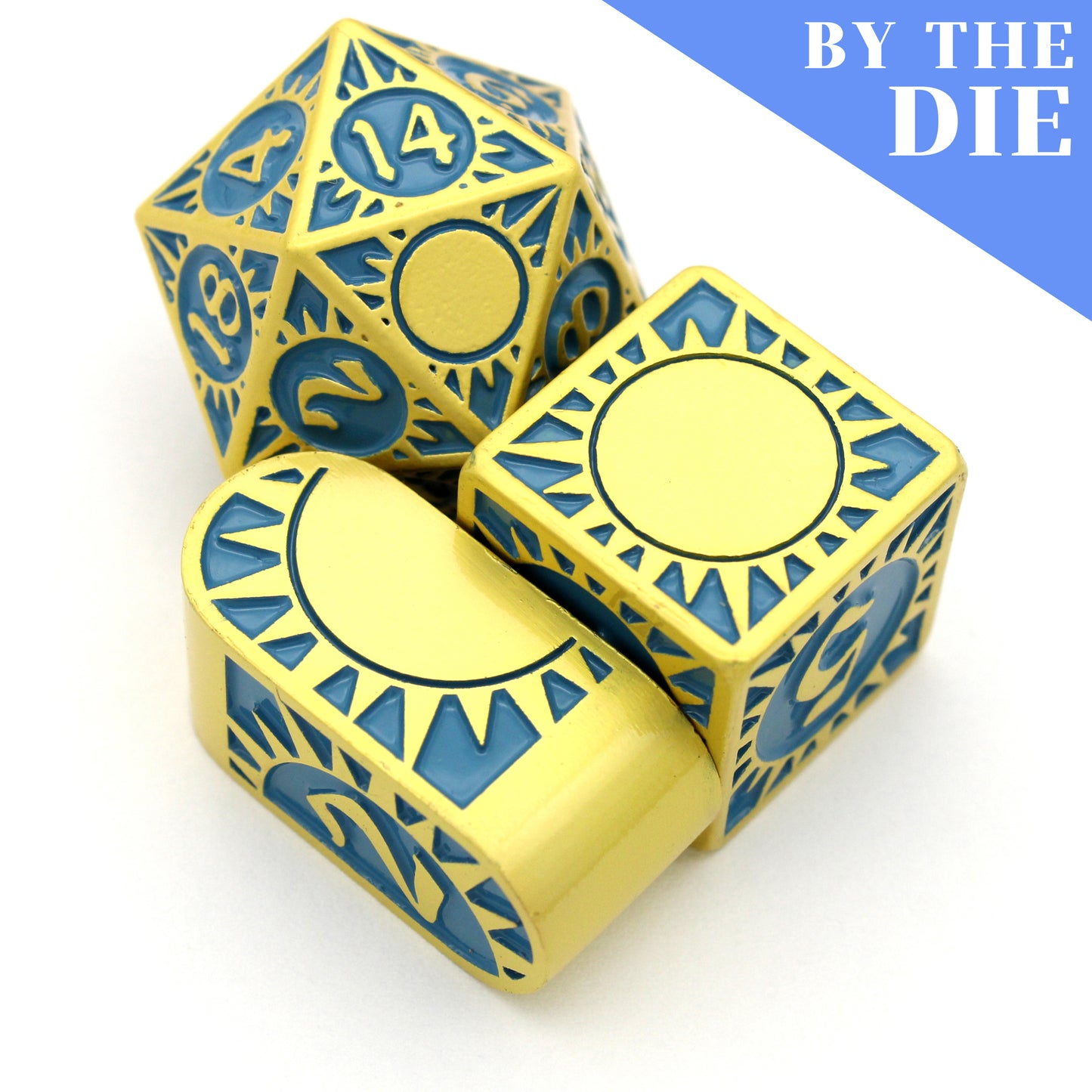 Morninglord (by the die) individual dice are Dice Envy Original gold-toned zinc dice, filled with teal enamel.