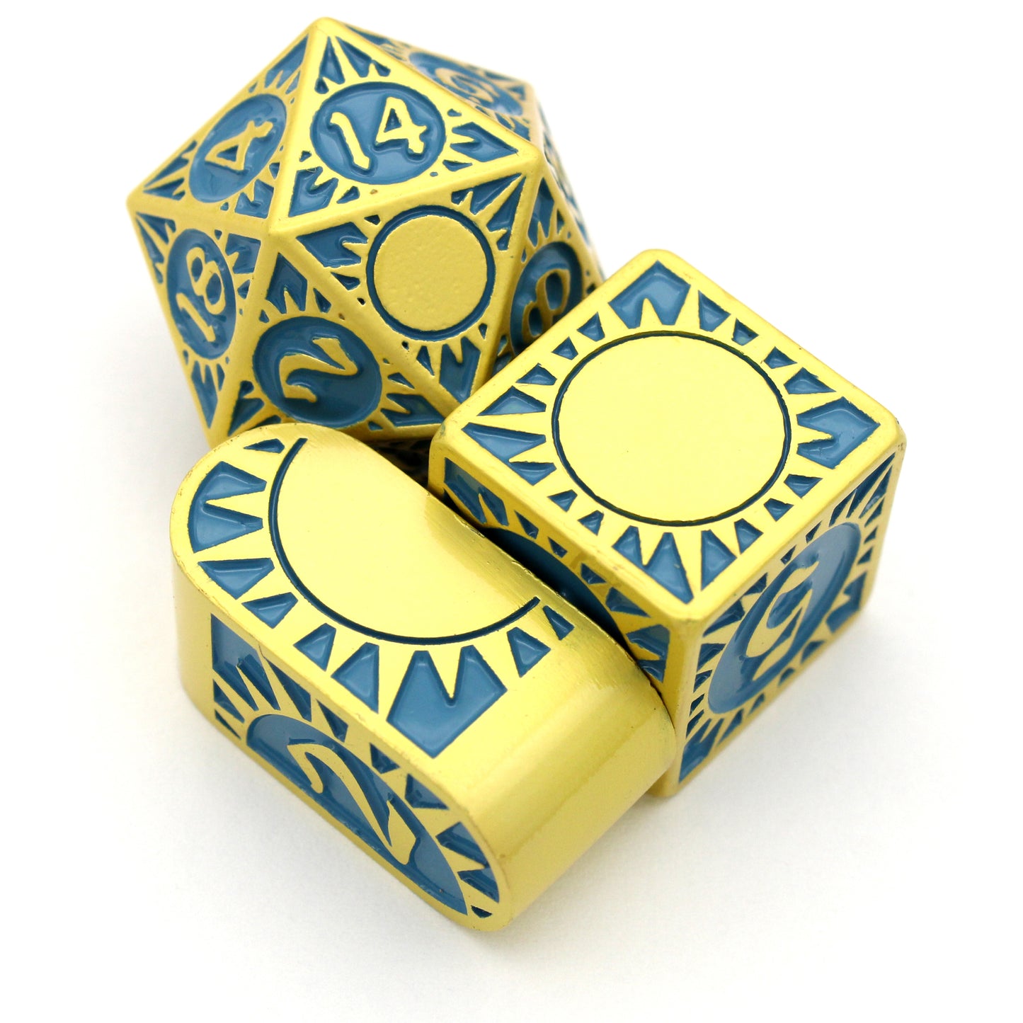 Morninglord is a Dice Envy Original 8-piece metal set of gold-toned zinc dice, filled with teal enamel.