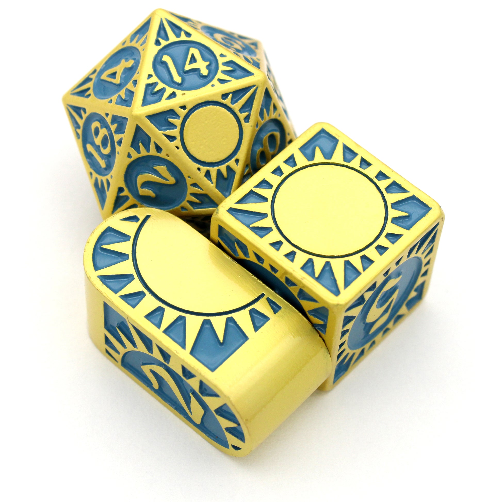 Morninglord is a Dice Envy Original 8-piece metal set of gold-toned zinc dice, filled with teal enamel.