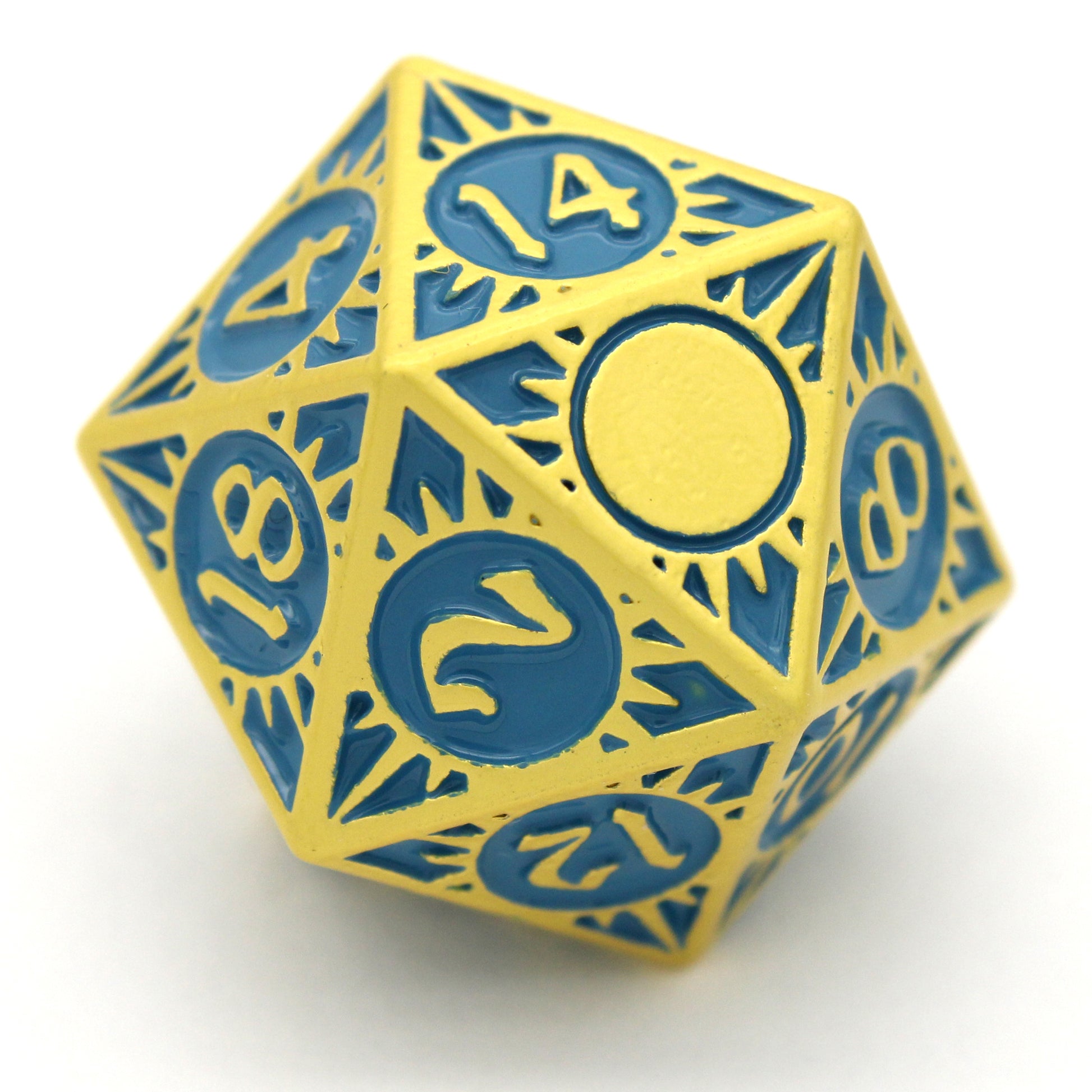Morninglord is a Dice Envy Original 8-piece metal set of gold-toned zinc dice, filled with teal enamel.