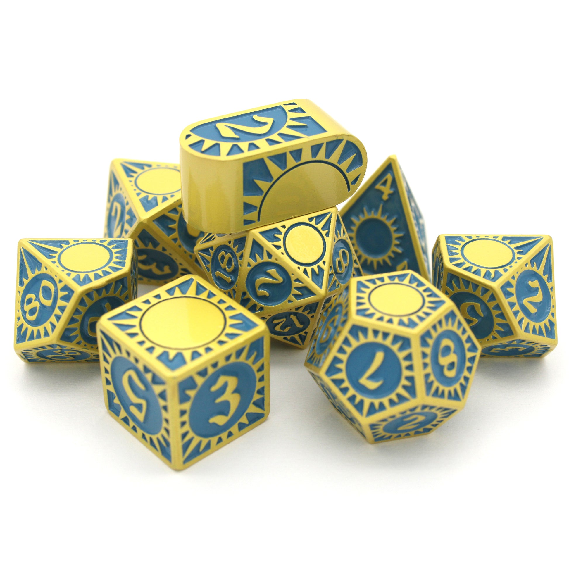 Morninglord is a Dice Envy Original 8-piece metal set of gold-toned zinc dice, filled with teal enamel.