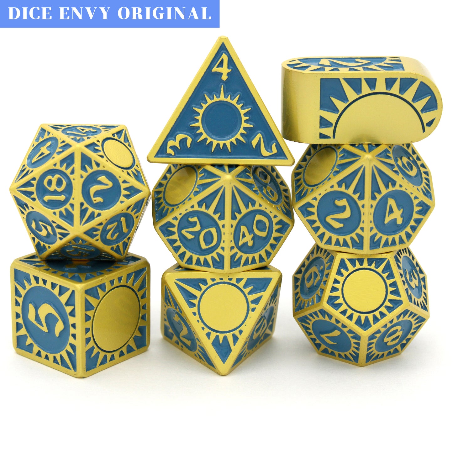 Morninglord is a Dice Envy Original 8-piece metal set of gold-toned zinc dice, filled with teal enamel.