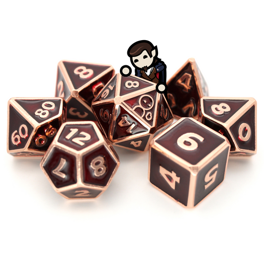 Mortimer is a 7-piece rose gold, framed metal set filled with a deep, crimson enamel. It is part of the Adventure Is Nigh collection.