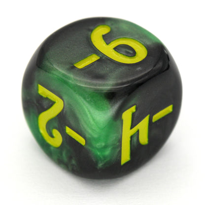 Magic Guild Counters - Haunt &amp; Harvest are a 5-piece set of 16mm, swirled black and green d6 dice for use with Magic the Gathering, available in positive and negative and inked in yellow.