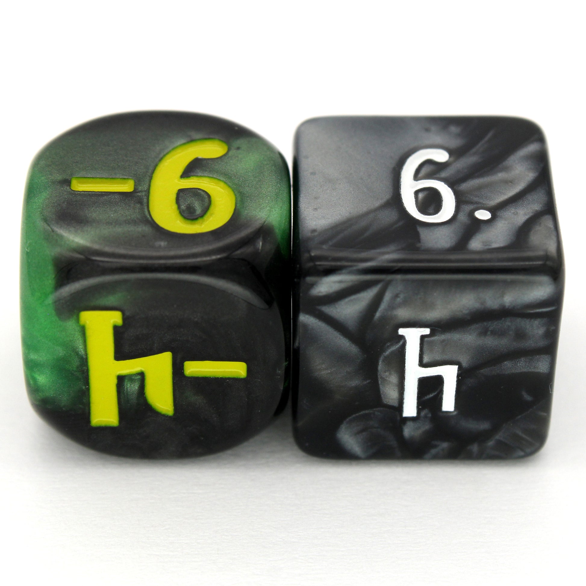 Magic Guild Counters - Haunt &amp; Harvest are a 5-piece set of 16mm, swirled black and green d6 dice for use with Magic the Gathering, available in positive and negative and inked in yellow.