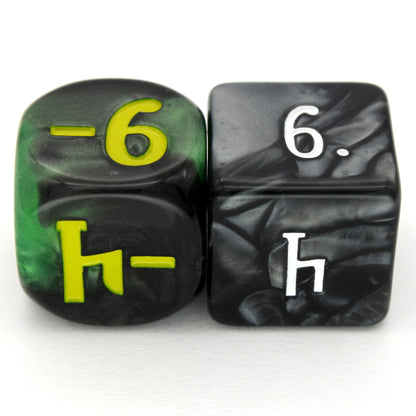 Magic Guild Counters - Haunt &amp; Harvest are a 5-piece set of 16mm, swirled black and green d6 dice for use with Magic the Gathering, available in positive and negative and inked in yellow.