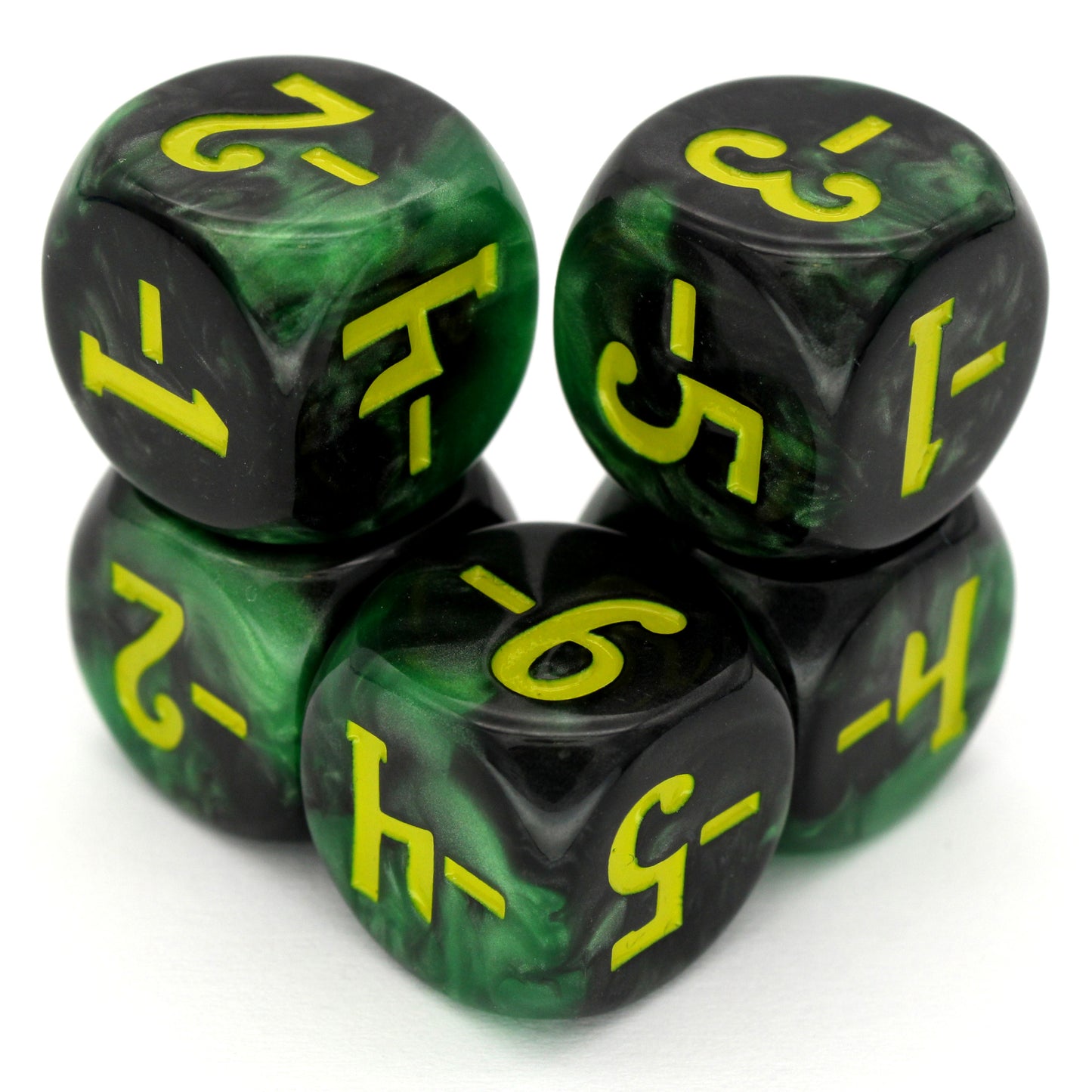 Magic Guild Counters - Haunt &amp; Harvest are a 5-piece set of 16mm, swirled black and green d6 dice for use with Magic the Gathering, available in positive and negative and inked in yellow.