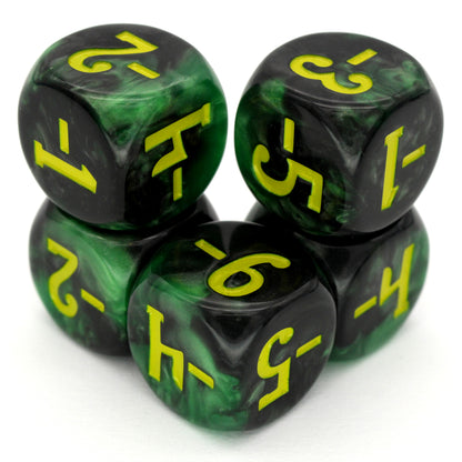 Magic Guild Counters - Haunt &amp; Harvest are a 5-piece set of 16mm, swirled black and green d6 dice for use with Magic the Gathering, available in positive and negative and inked in yellow.