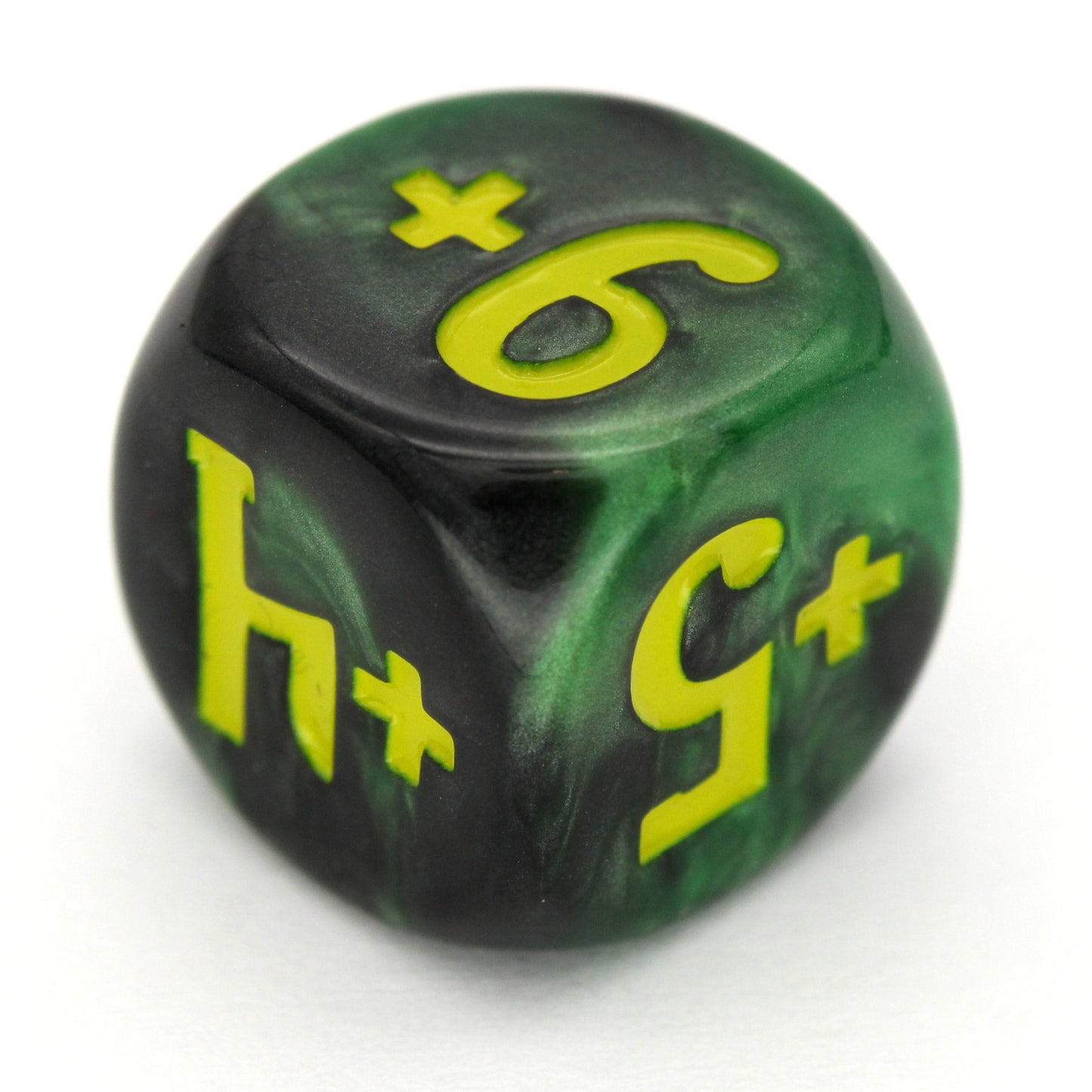Magic Guild Counters - Haunt &amp; Harvest are a 5-piece set of 16mm, swirled black and green d6 dice for use with Magic the Gathering, available in positive and negative and inked in yellow.