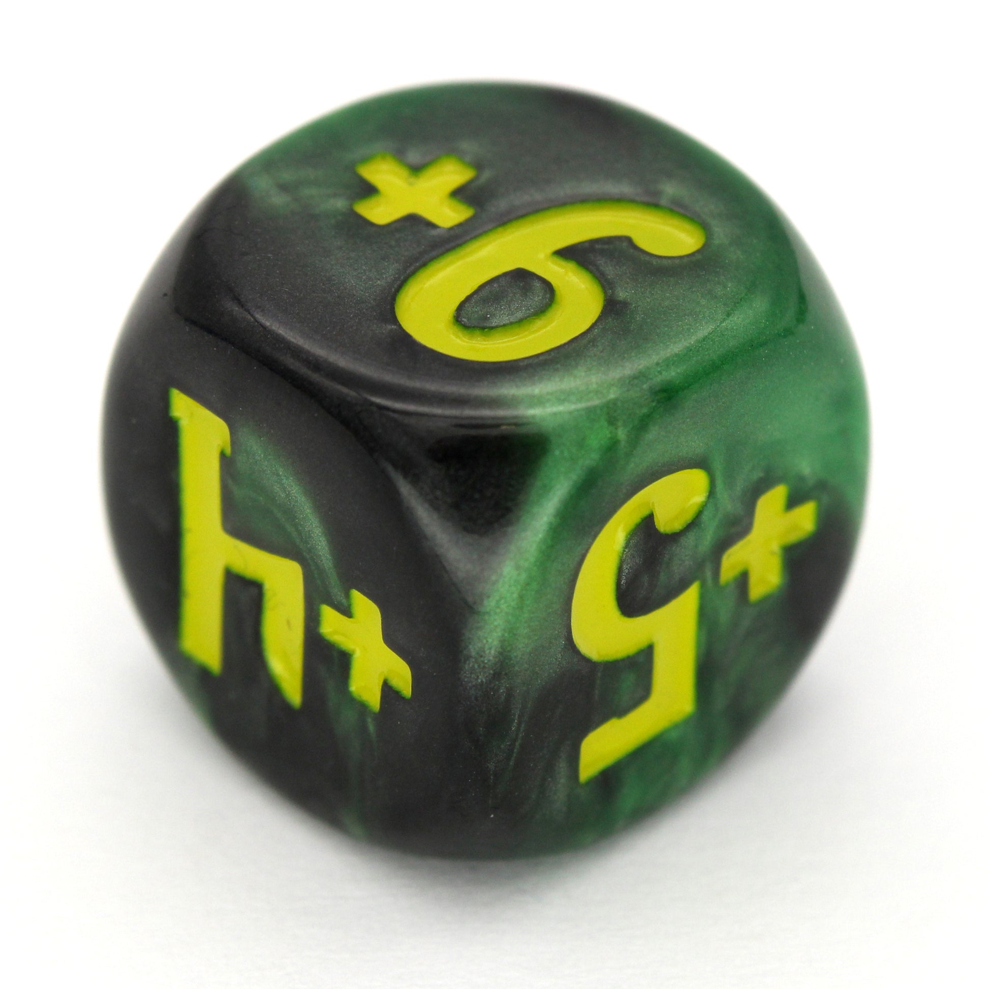 Magic Guild Counters - Haunt &amp; Harvest are a 5-piece set of 16mm, swirled black and green d6 dice for use with Magic the Gathering, available in positive and negative and inked in yellow.