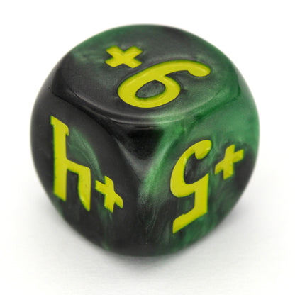 Magic Guild Counters - Haunt &amp; Harvest are a 5-piece set of 16mm, swirled black and green d6 dice for use with Magic the Gathering, available in positive and negative and inked in yellow.