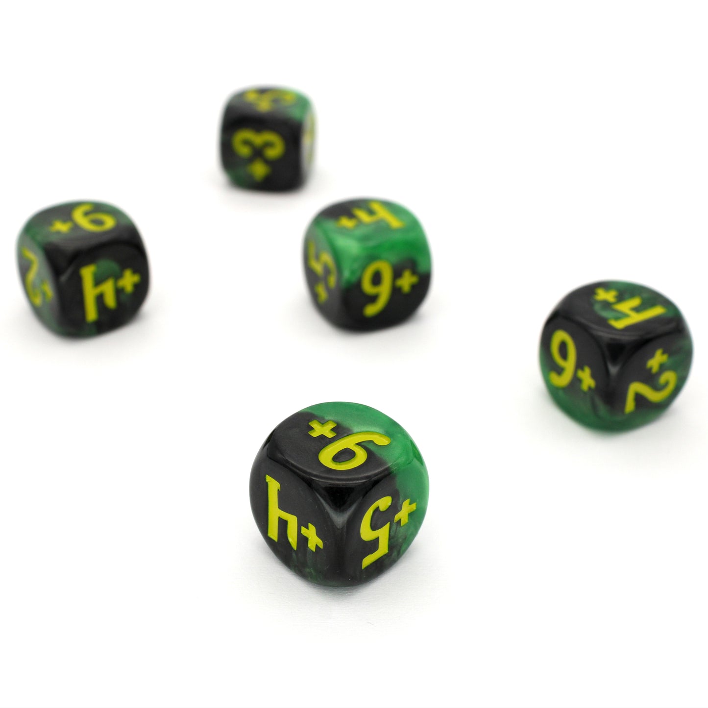 Magic Guild Counters - Haunt &amp; Harvest are a 5-piece set of 16mm, swirled black and green d6 dice for use with Magic the Gathering, available in positive and negative and inked in yellow.