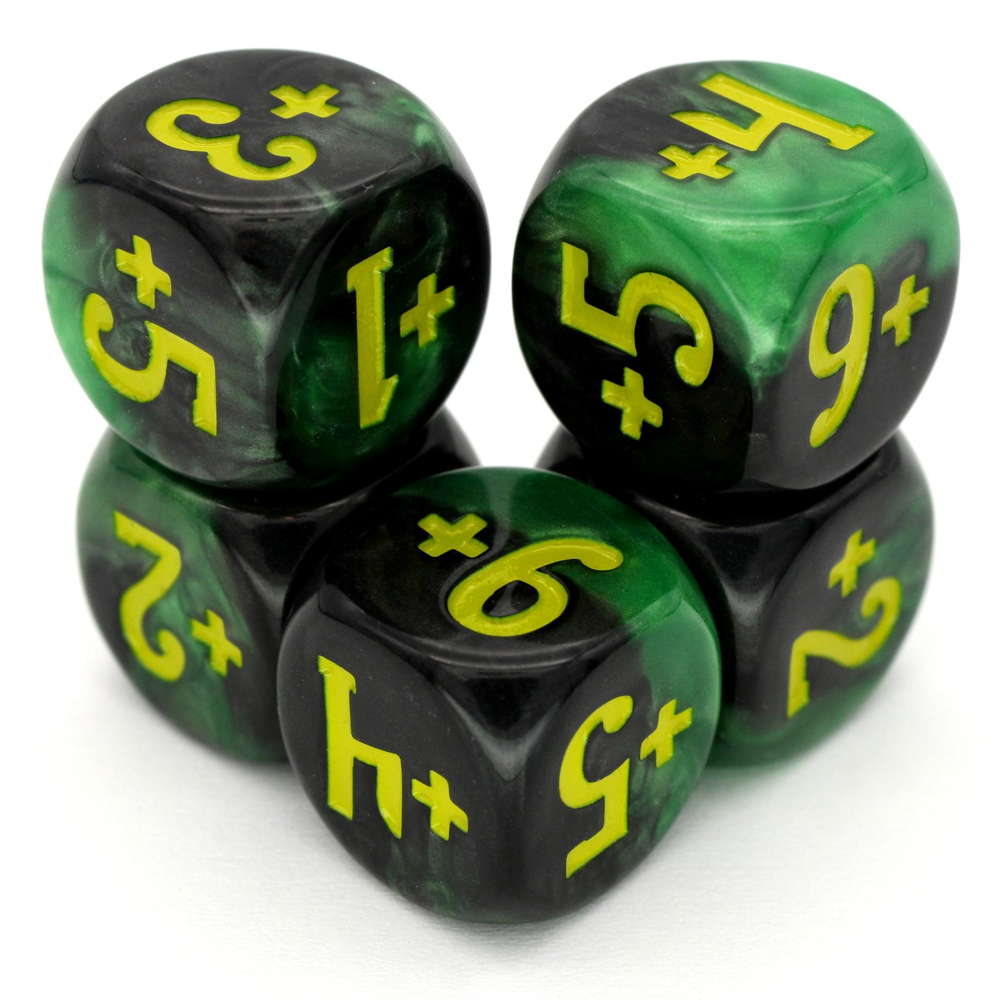 Magic Guild Counters - Haunt &amp; Harvest are a 5-piece set of 16mm, swirled black and green d6 dice for use with Magic the Gathering, available in positive and negative and inked in yellow.
