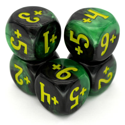 Magic Guild Counters - Haunt &amp; Harvest are a 5-piece set of 16mm, swirled black and green d6 dice for use with Magic the Gathering, available in positive and negative and inked in yellow.