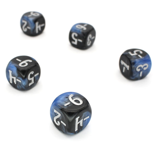 Magic Guild Counters - Sorcery &amp; Sacrifice are a 5-piece set of 16mm, swirled blue and black d6 dice for use with Magic the Gathering, available in positive and negative and inked in silver.