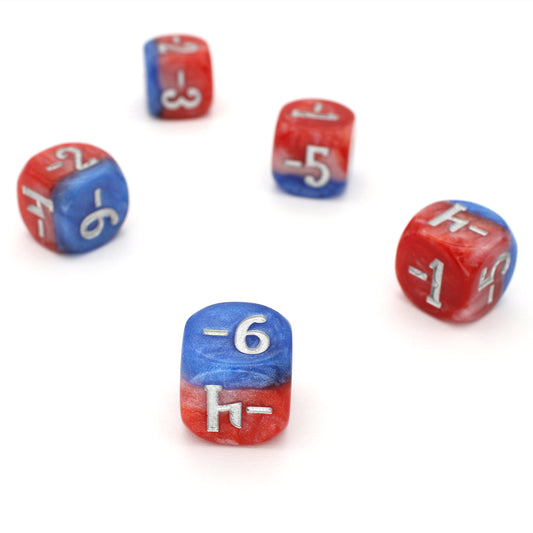 Magic Guild Counters - Copy &amp; Create are a 5-piece set of 16mm, layered blue and red d6 dice for use with Magic the Gathering, available in positive and negative and inked in silver.