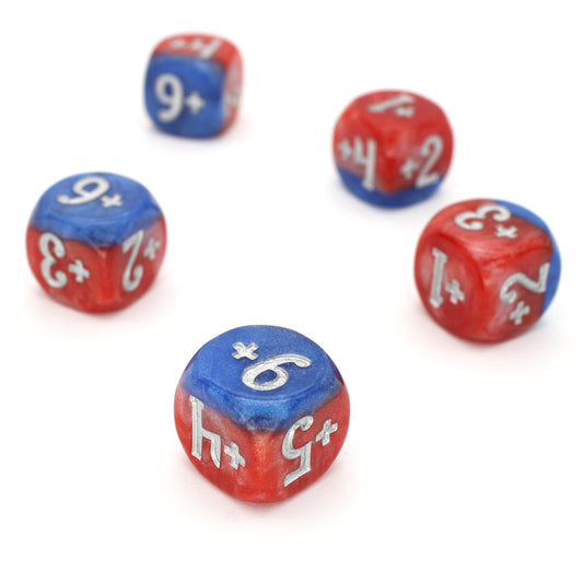 Magic Guild Counters - Copy &amp; Create are a 5-piece set of 16mm, layered blue and red d6 dice for use with Magic the Gathering, available in positive and negative and inked in silver.