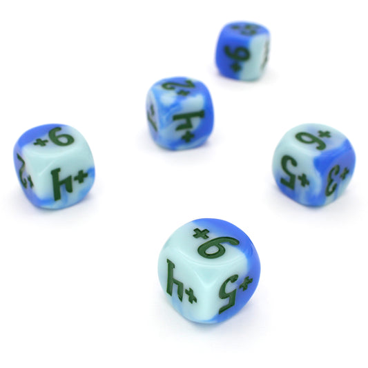 Magic Guild Counters - Generate &amp; Grow are a 5-piece set of 16mm, swirled blue d6 dice for use with Magic the Gathering, available in positive and negative and inked in green.