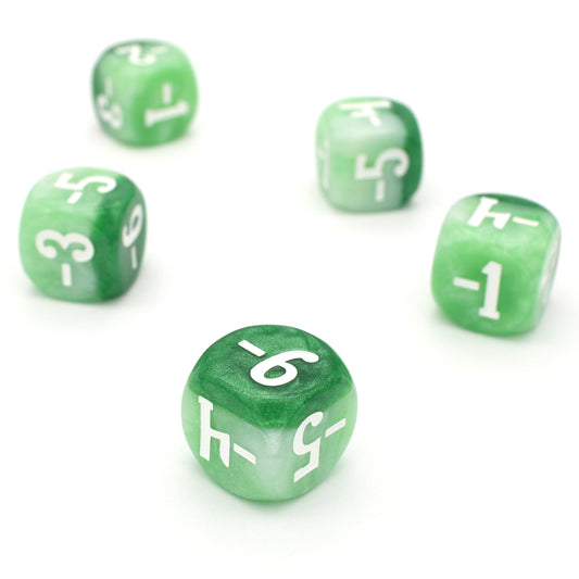 Magic Guild Counters - Swarm &amp; Snap are a 5-piece set of 16mm, layered green d6 dice for use with Magic the Gathering, available in positive and negative and inked in white.